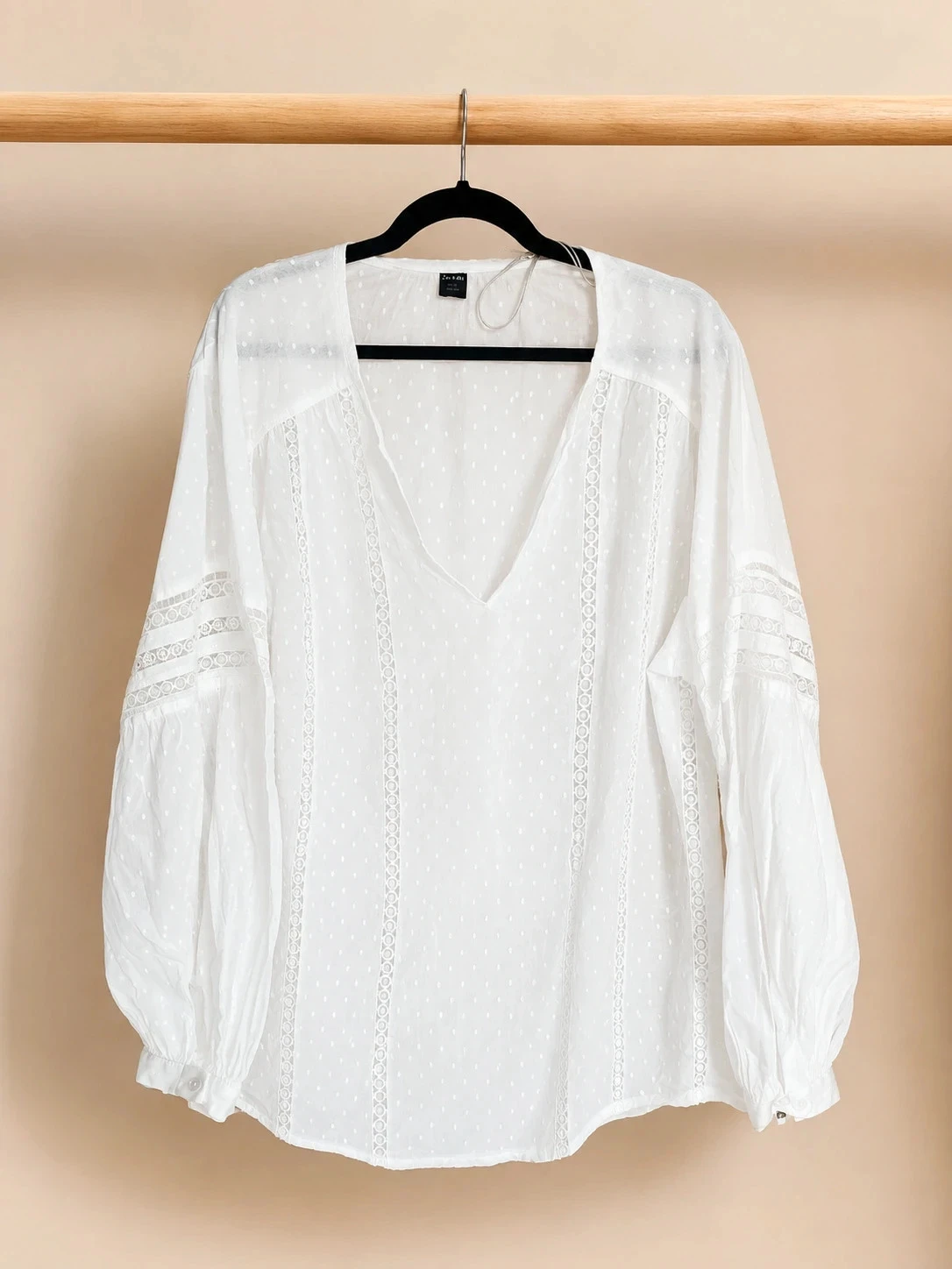 Blouse transparente Kiabi blanche 3XL en plumetis manches longues bohème